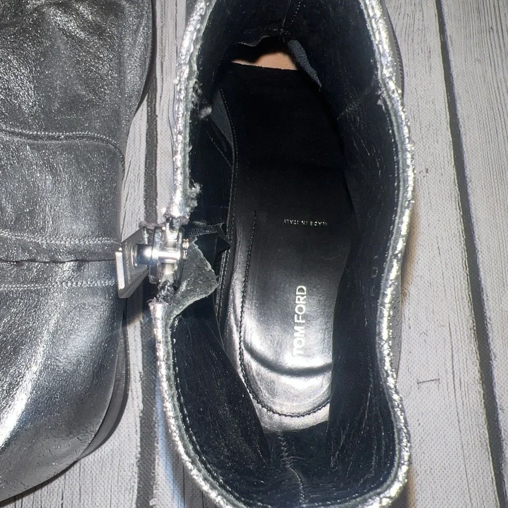 Tom Ford Edgar Silver Metallic Leather Side Zip Ankle Boots 10 1/2